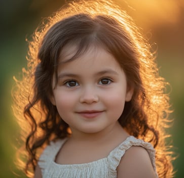 A young girl with long curly hair is smiling photo