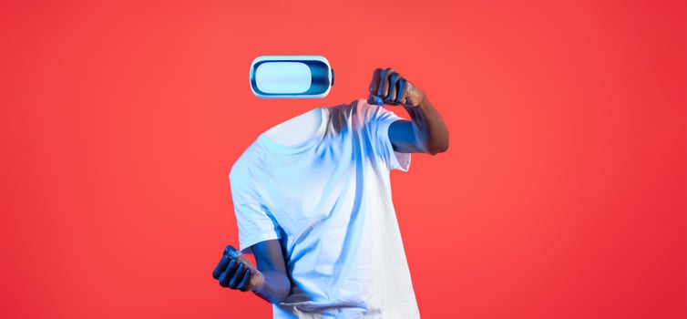 Engaged in a virtual reality experience, a user equipped with VR goggles interacts with a digital environment, showcasing the intrigue of modern technology and innovation. photo