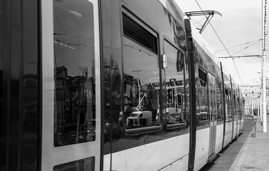 tram streetcar trolley black and white photo