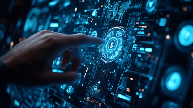 Digital Finance Interface Finger Activating Virtual Dollar, Global Fintech Banking System, Online Currency Exchange, Blockchain Technology photo
