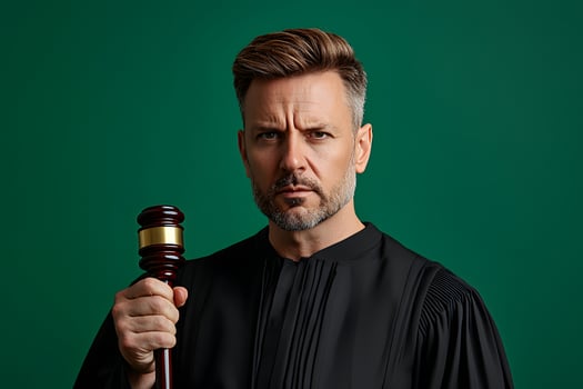Serious Judge in Black Robe Holding Gavel Justice Concept Law Portrait photo