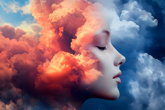 Serene Woman s Face Merged with Dramatic Sunset and Storm Clouds Dreamlike Abstract Art photo