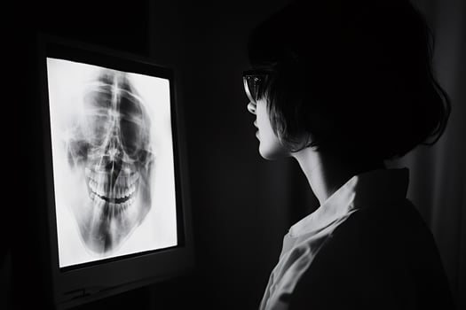 Doctor examining skull x-ray on monitor in dark room photo