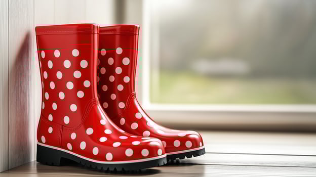 Pair of shiny red rain boots with white polka dots, with copy space photo