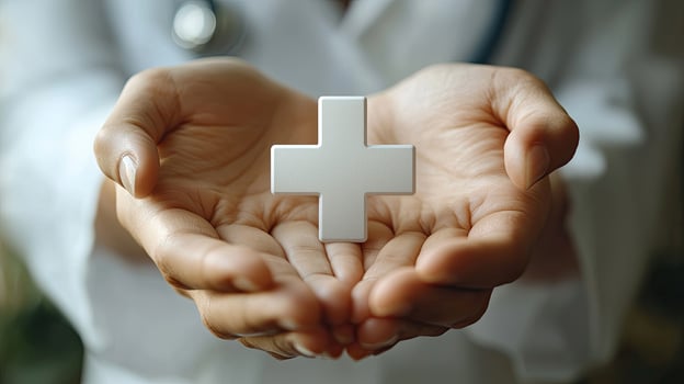 Doctor's Hands Holding Medical Cross Symbol Healthcare, Medicine, Aid, Support, Charity and Patient Care Concept. photo