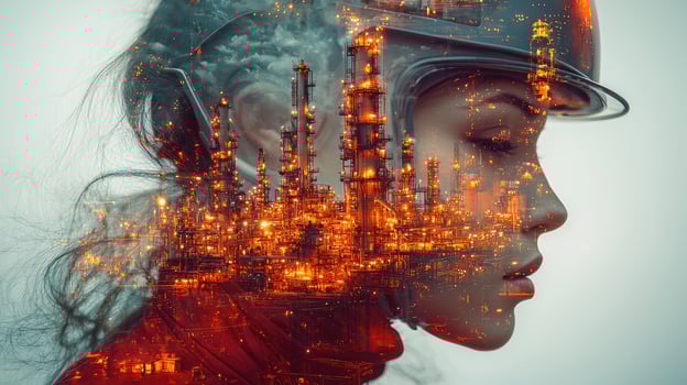 Double Exposure Woman in Hardhat Overlayed with Industrial Refinery, Energy and Infrastructure Concept photo