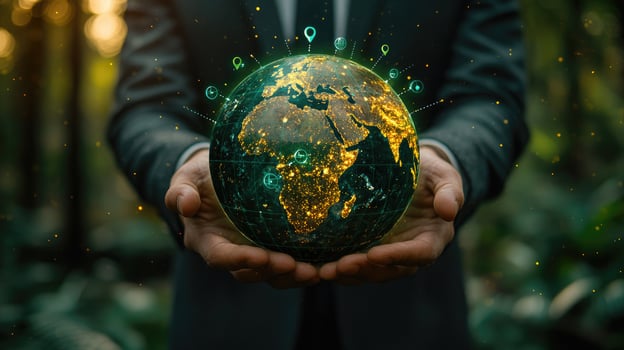 Earth in Human Hands Digital Global Connections, Telecommunications, Worldwide Network, Future Technology and Green Sustainability. photo