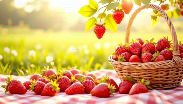 Fresh strawberry placed on a gingham picnic and basket, with blurry green field of grass background. photo