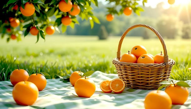 Fresh oranges placed on a gingham picnic and basket, with blurry green field of grass background. photo