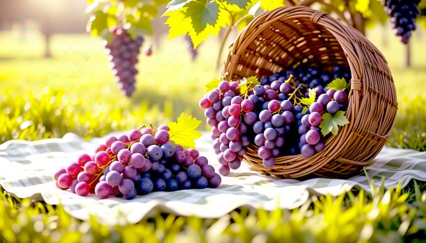 Fresh grapes placed on a gingham picnic and basket, with blurry green field of grass background. photo