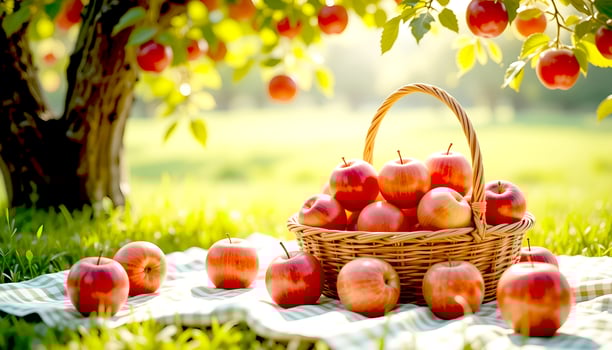 Fresh apples placed on a gingham picnic and basket, with blurry green field of grass background. photo