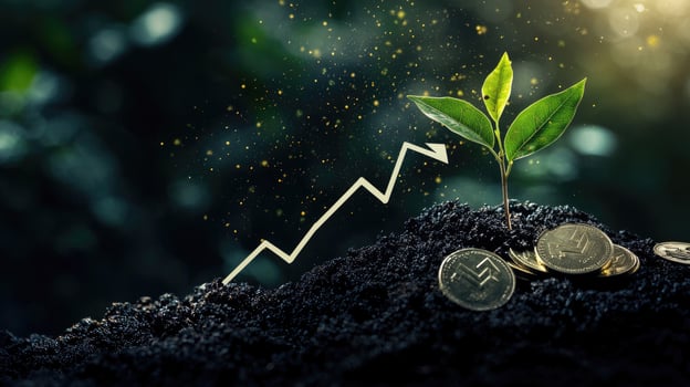 Financial Growth Concept Sapling Growing From Coins, Rising Arrow, Investment Success, Business Development photo