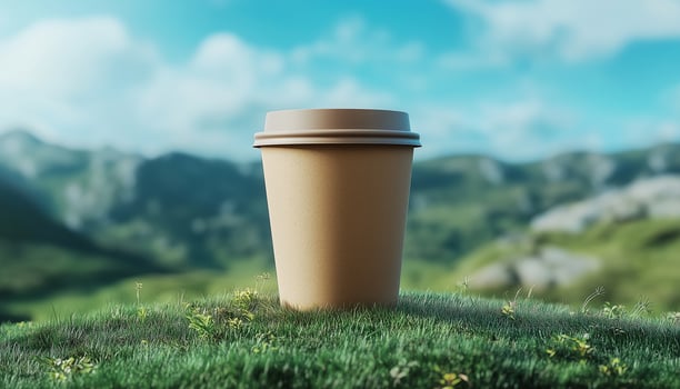 Brown paper cup disposable eco friendly material mockup on grass mountain hill and blue sky photo