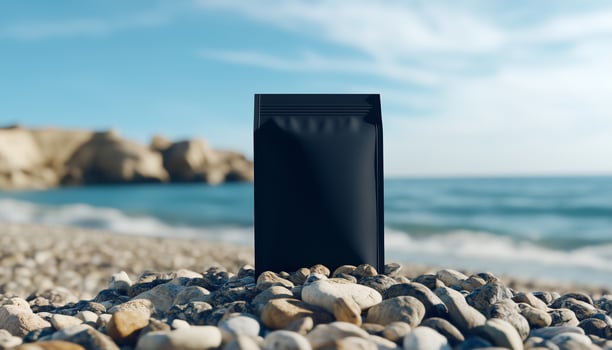 Black matte plastic pouch plastic coffee bag on beach with ocean water photo