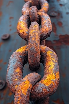 Close view of a rusted metal chain link displaying its weathered texture and orange patina. The background features an industrial surface, emphasizing the aging process of the metal photo