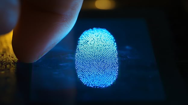 Fingerprint Scan on Screen Biometric Security, Authentication, and Digital Identity Verification with Glowing Blue Light photo
