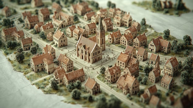 Miniature City Model Detailed Architectural Representation of a Historic European Townscape Featuring Church and Residential Buildings photo