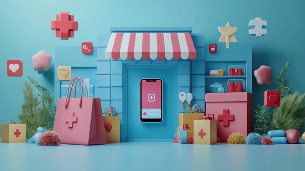 Online Pharmacy Storefront with Phone App Display, Shopping Bag, and Medical Cross Symbols Against a Blue Background photo