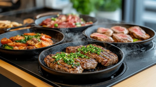 Delicious grilled steaks and vegetables sizzling cast iron pans, creating mouthwatering aroma photo