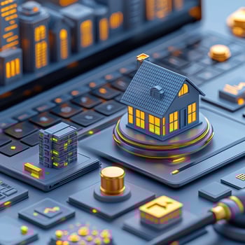 Online Real Estate Investment Platform Concept Miniature House on Laptop Keyboard with Buildings and Financial Icons photo