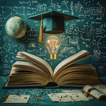 Open Book, Graduation Cap, Light Bulb, and Globe on Teal Background with Math Formulas and Equations photo