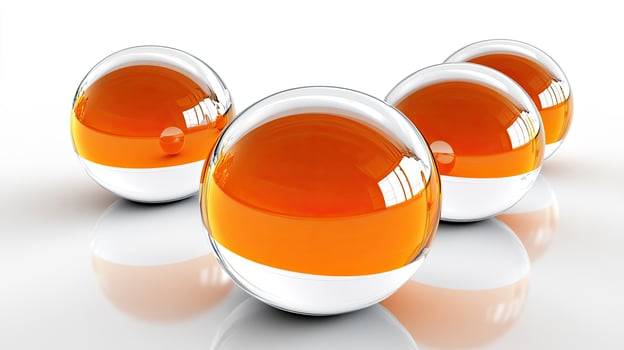 Orange Spheres in Clear Glass Balls with White Base Abstract 3D Rendered photo