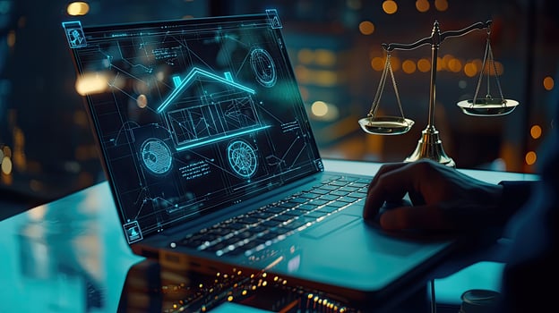 Real Estate Law and Digital Technology Laptop Displaying Home Blueprints with Scales of Justice, Urban Background. photo