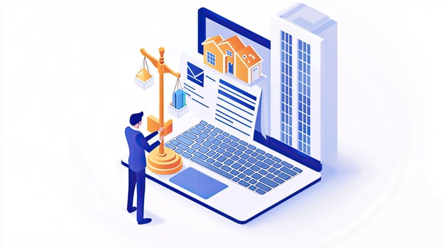 Real Estate Law and Justice Online Concept Scales, Man, Houses, Building on Laptop, Isometric Design photo