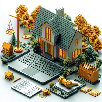 Real Estate Law Online Isometric View of House, Scales, Gavel, and Documents on Laptop Keyboard Illustrating Legal Aspects photo