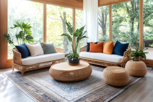 Elegant wicker furniture illuminating a sunroom overlooking a lush green garden photo