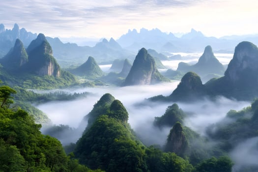 Morning mist covering the green hills of Yangshuo in Guangxi Province, China photo