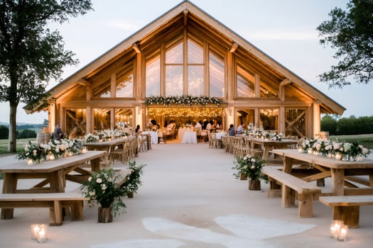 Guests enjoying wedding reception inside beautiful barn venue photo