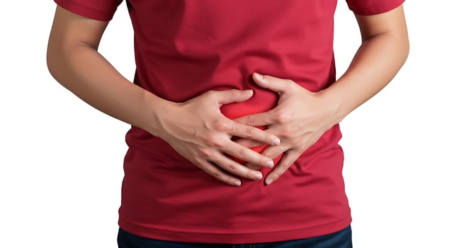 Person Holding Stomach Area Experiencing Pain or Discomfort Isolated on White photo