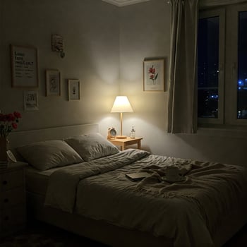 Cozy bedroom at night with warm light photo