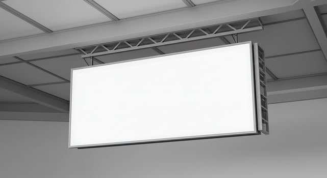 Hanging Illuminated Sign Against Gray Ceiling Space Mockup Template photo