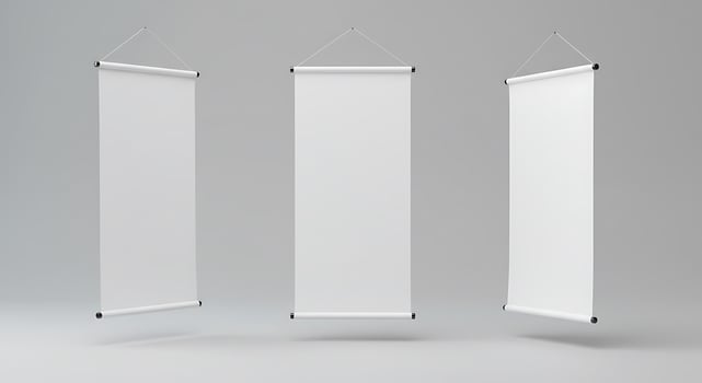 Hanging Blank Banner Displays Showcase Promotion Possibilities and Advertisement Options photo