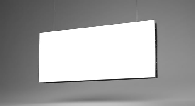 Hanging White Rectangular Signboard Mockup with Shadow in Gray Studio photo