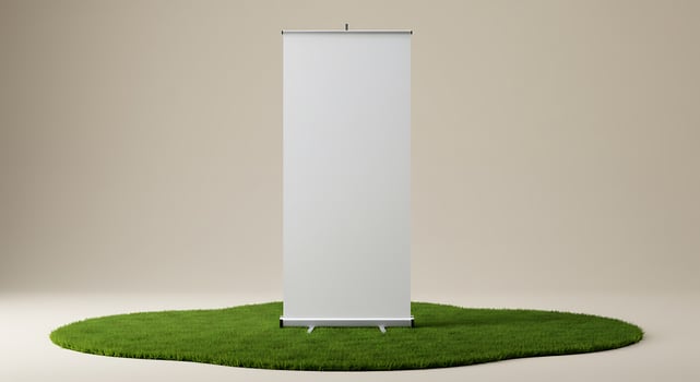 Blank Roll-up Banner Stands Tall on a Green Grassy Platform photo