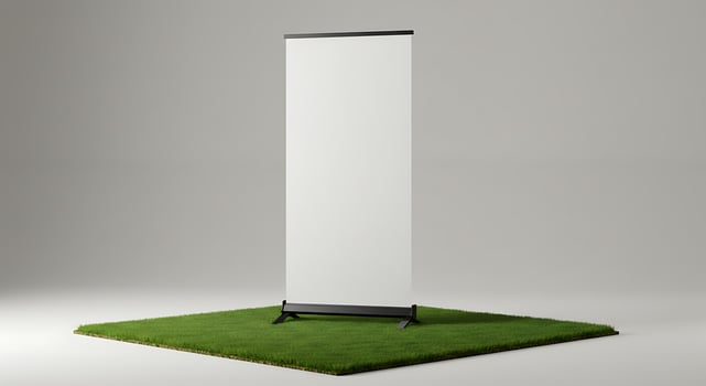 Blank Display Stand on Green Grass for Advertisement Mockup photo