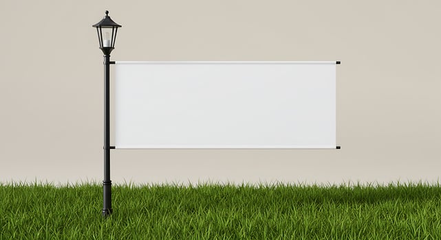 Blank Banner Displayed on Lamp Post in Grassy Outdoor Setting photo