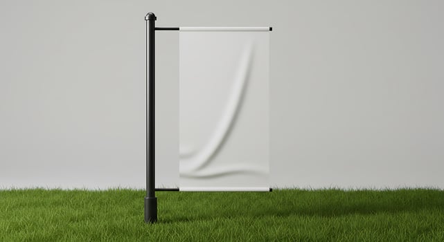 White Banner Display Mockup on a Post in Green Grass photo