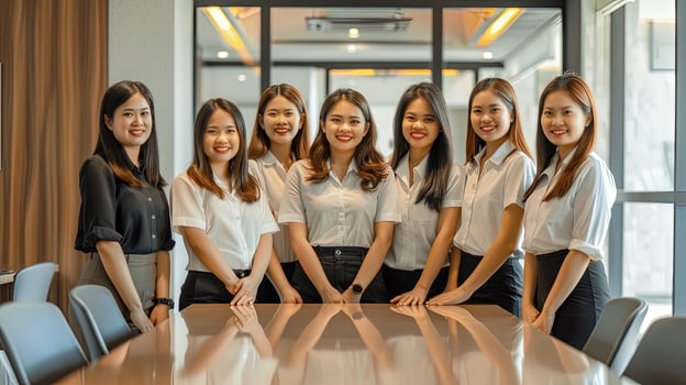 Asian business women standing around a conference table photo