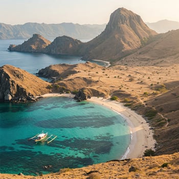 Island bay, turquoise water, boat, beach, mountains photo