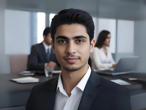 A confident young man in a suit smiling in a modern office setting photo