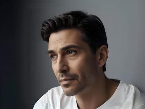 Thoughtful Middle Aged Man in White Shirt Pensive Portrait with Soft Lighting photo
