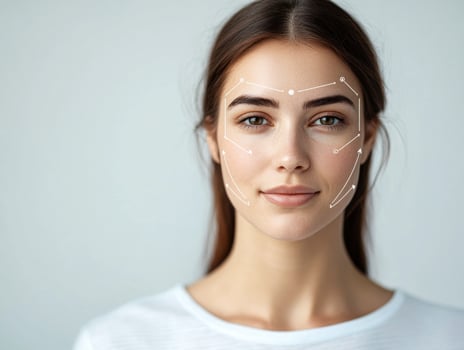 Woman demonstrating facial enhancement techniques in bright studio photo