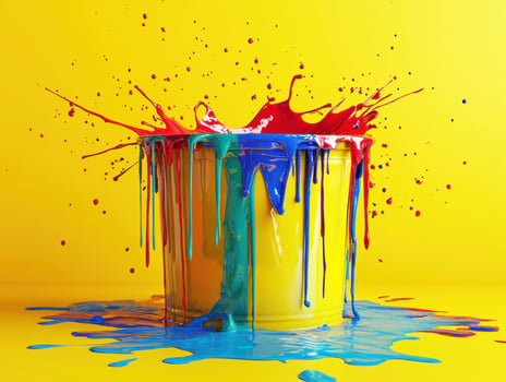 Bright paint splashes create colorful artwork on yellow background photo