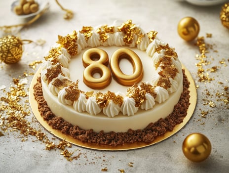 Celebration cake with golden decorations for 80th birthday party photo