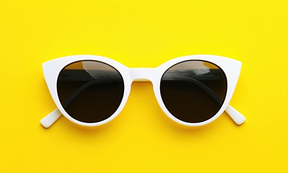 Stylish white sunglasses on vibrant yellow background photo