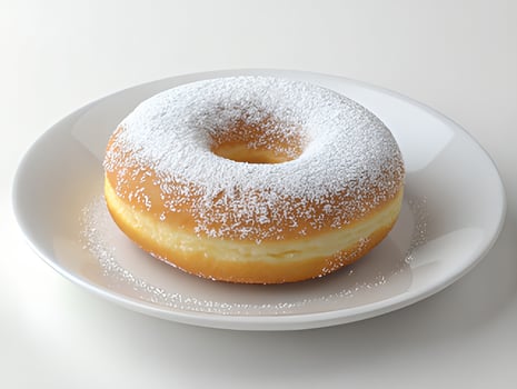 Classic Powdered Sugar Donut on White Plate with Golden-Brown Texture photo